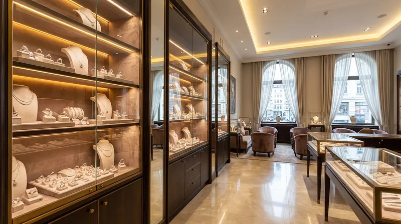 חנות תכשיטים יוקרתית עם תצוגת יהלומים וזהב